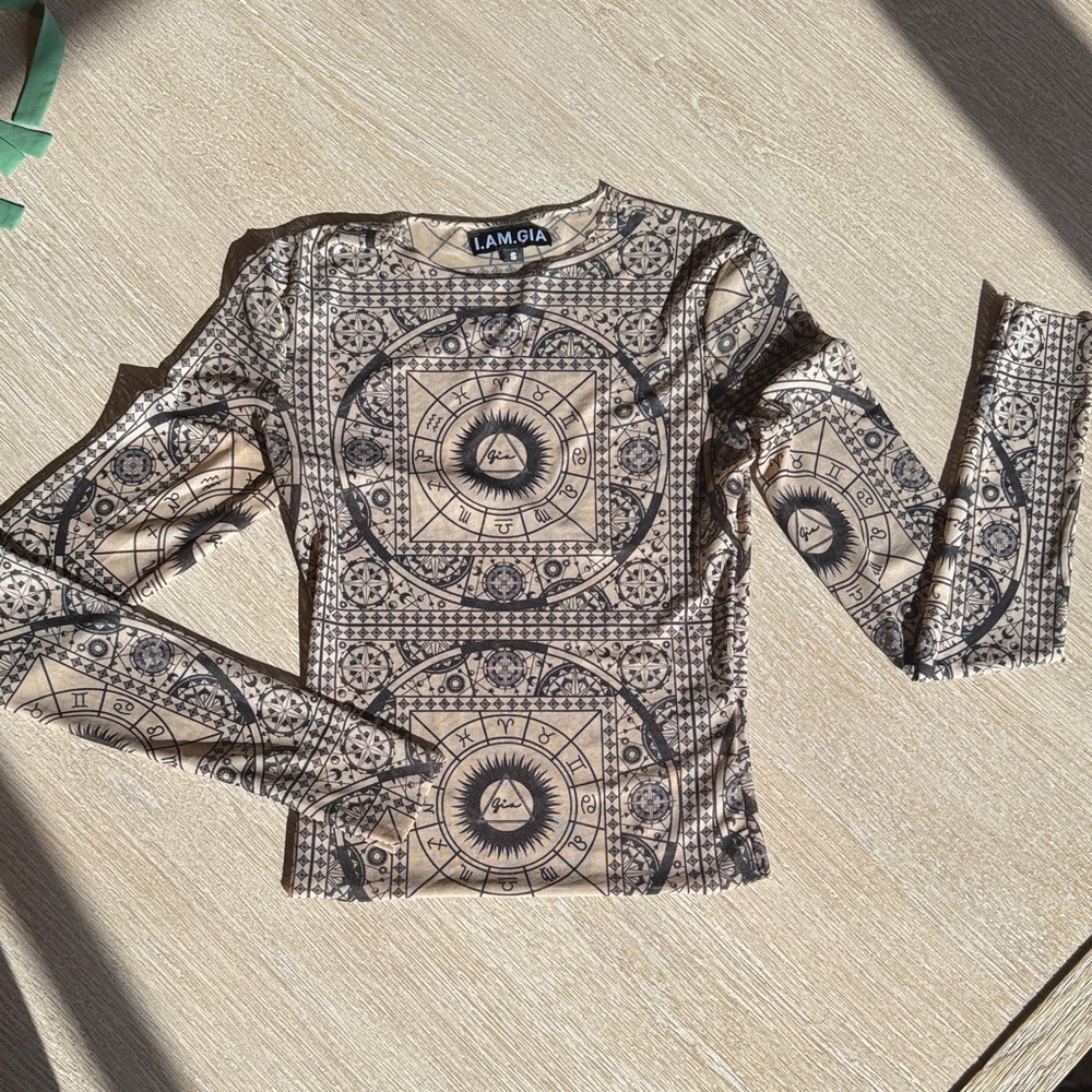 I.AM.GIA Zodiac Print Long Sleeve Top in Beige and Black